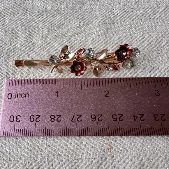 Soft Salmon Pink Floral Romantic Gold Hair Pin w/ Crystal Rhinestones & Enamel - Picture 4 of 5